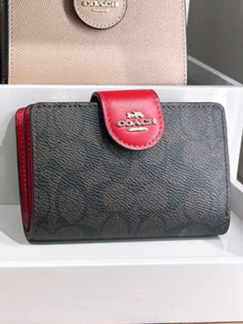 Coach Wallet Bi-Fold Signature canvas Leather L-Zip Brown Red C0082 - like New